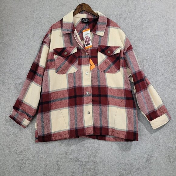 NEW HFX Red & Cream Women's XXL Plaid Button-Up Shirt Jacket - Picture 1 of 7